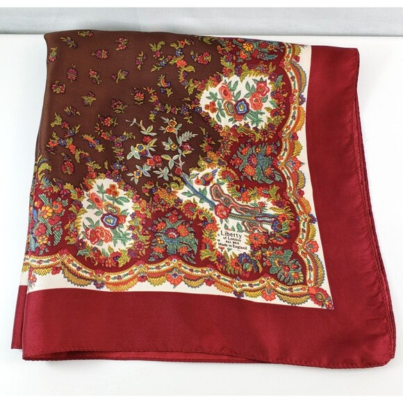Liberty of London 100% Silk Twill Red Brown Floral Foulard Border Scarf 23"X23" - Picture 1 of 16